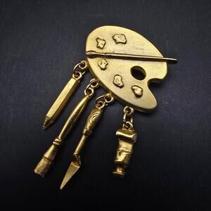 JJ Art Painter Theme Charm Brooch Gold Tone Palette Costume Jewelry Art Teacher